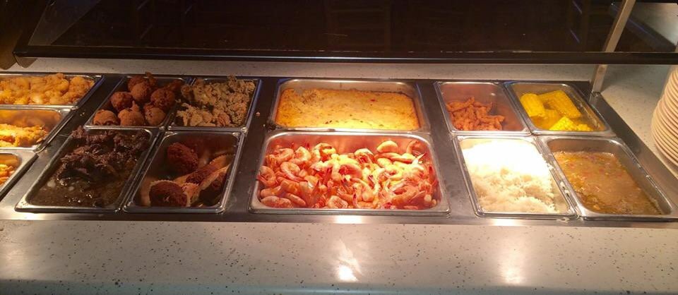 Seafood plates on a casual restaurant table.