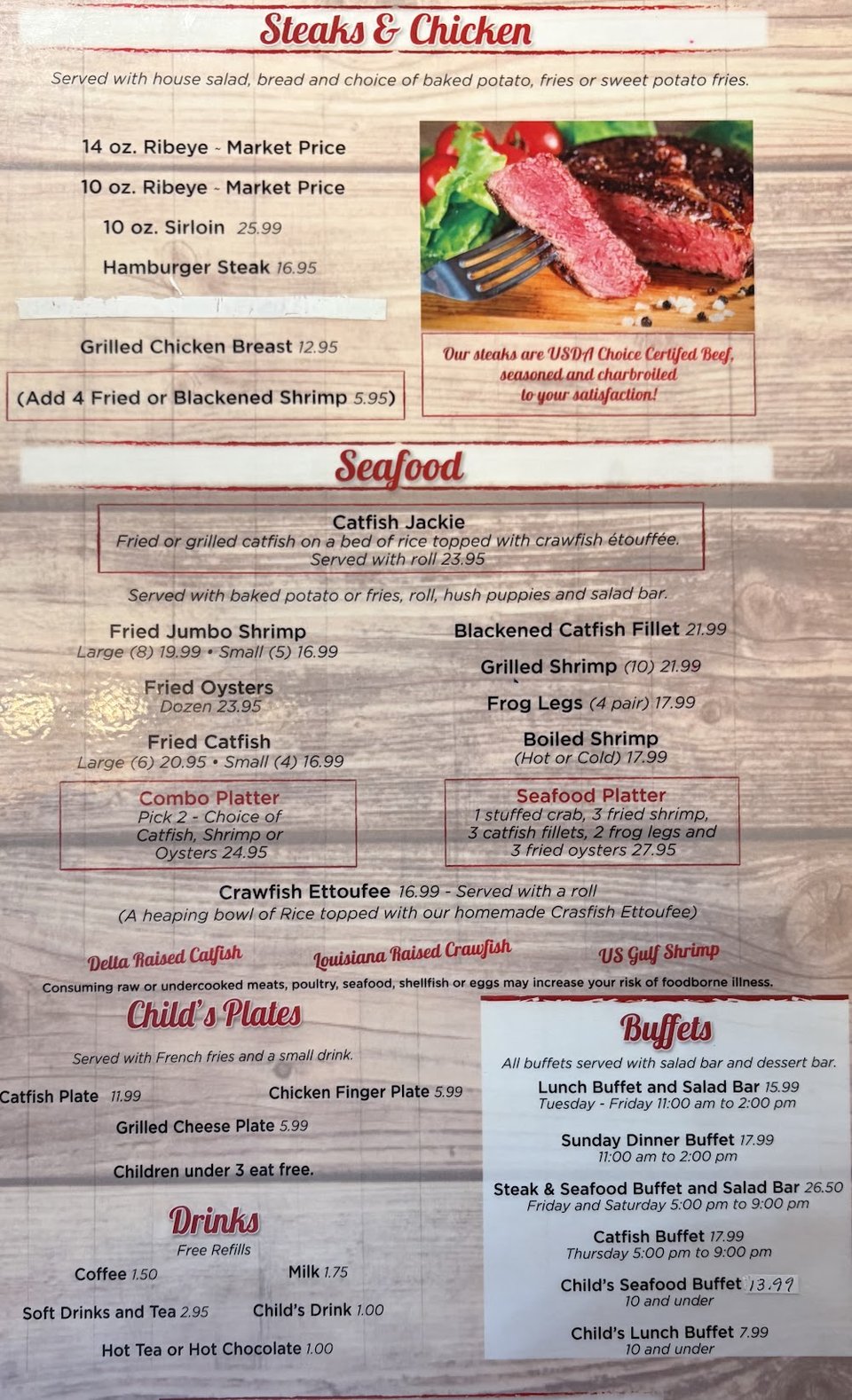 Printed menu with appetizers, salads, and burgers.